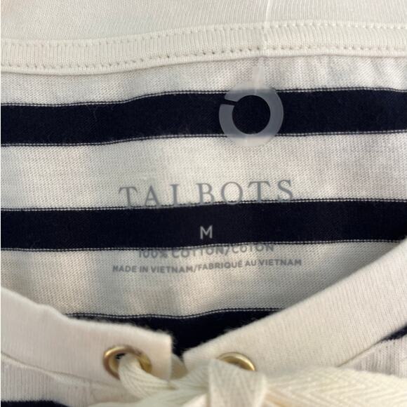 Talbots Navy Cream Striped Puff Sleeve Lace Up Top Size Medium Prep Nautical NWT - Picture 3 of 7